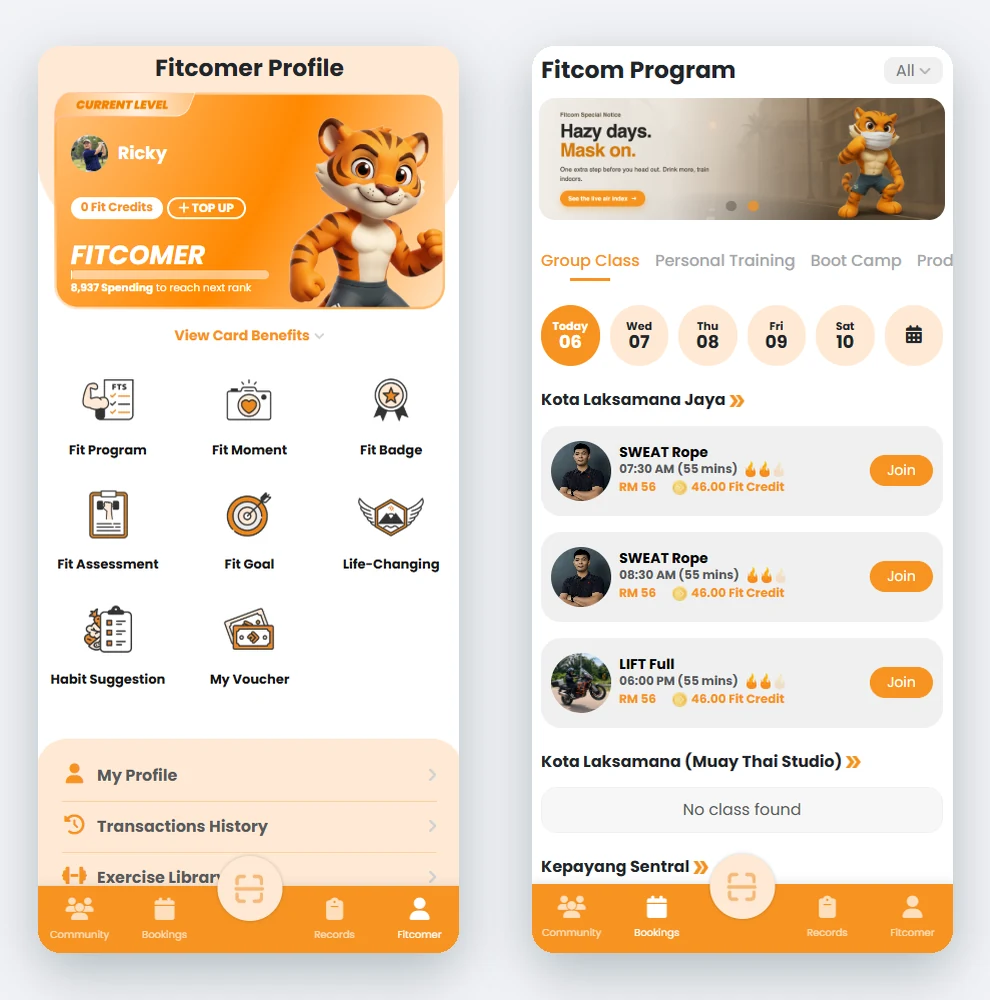 Member profile and program screens